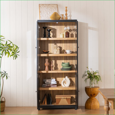 Vitrine de style Mid-Century avec portes vitrées, tablettes réglables et rangement - placage de bois de frêne noir | Salon | Panneau de fibres à densité moyenne