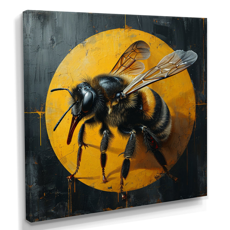 Miel, abeille sur fond jaune - abeille, salon d'art mural, Toile tendue, H 16 po x l 16 po x P 1 po