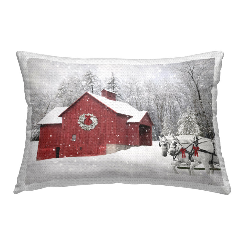 Coussin d'extérieur imprimé neige avec grange rouge par Lori Deiter