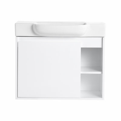 Wall-Mounted Bathroom Vanity with Ceramic Sink and Open Shelves