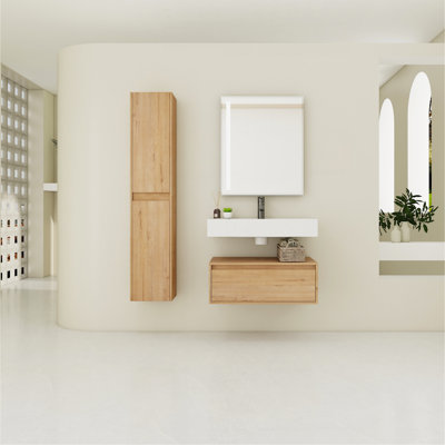 Meuble-lavabo mural 30 po avec lavabo en résine et armoire latérale, tiroir à fermeture en douceur (KD-Packing)