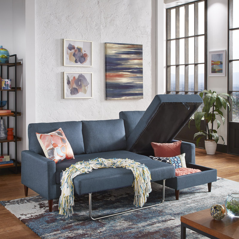 Myatt Upholstered L-Shaped Sectional, Navy Blue Polyester Blend, Right Hand Facing