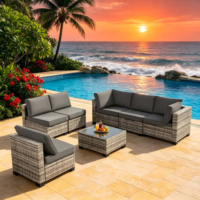 Ensemble de canapé modulaire d'extérieur toutes saisons 7 pièces avec coussins épais et table en verre trempé pour la cour, la piscine et le jardin.