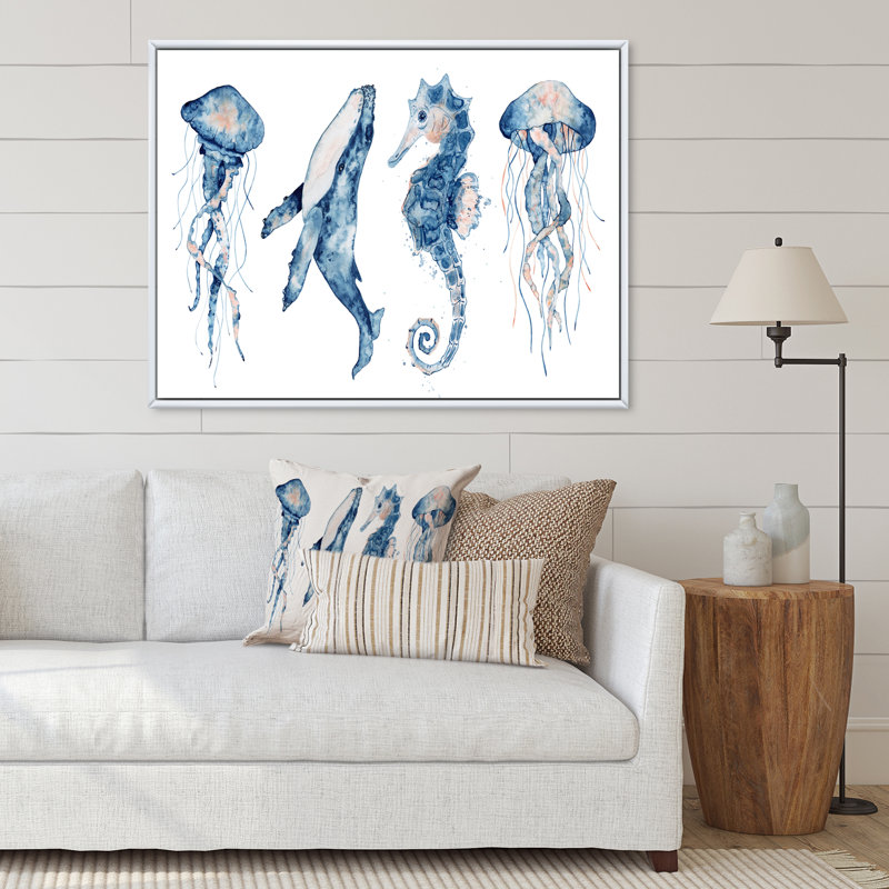 «Blue Ocean Fish Medusa Whale Seahorse», reproduction sur toile, H 30 po x l 40 po x P 1,5 po, Cadre photo blanc