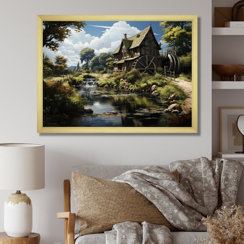 «Green Brown Mills Summer Mill Serenity», reproduction sur toile, H 16 po x l 32 po x P 1 po, Cadre doré à une seule photo