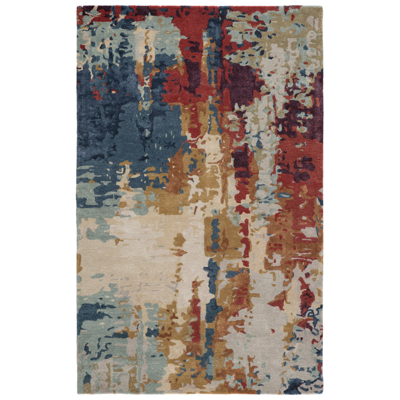 Tapis bleu / rouge / ivoire touffeté à la main Bixby, Rectangle 9 pi x 13 pi