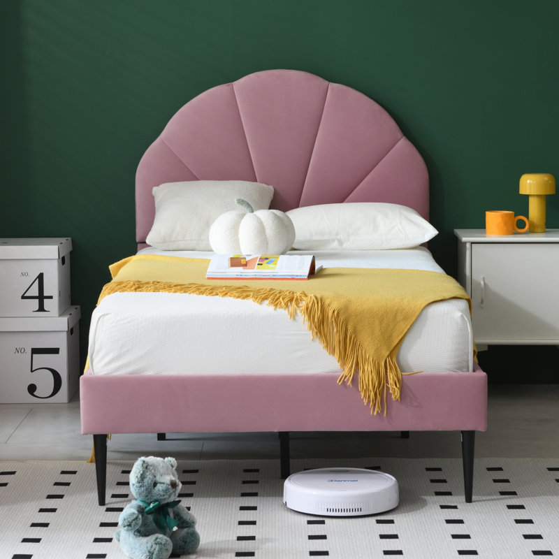 Deeb Tufted Upholstered Flower Silhouette Headboard Platform Bed, Queen, Pink Velvet