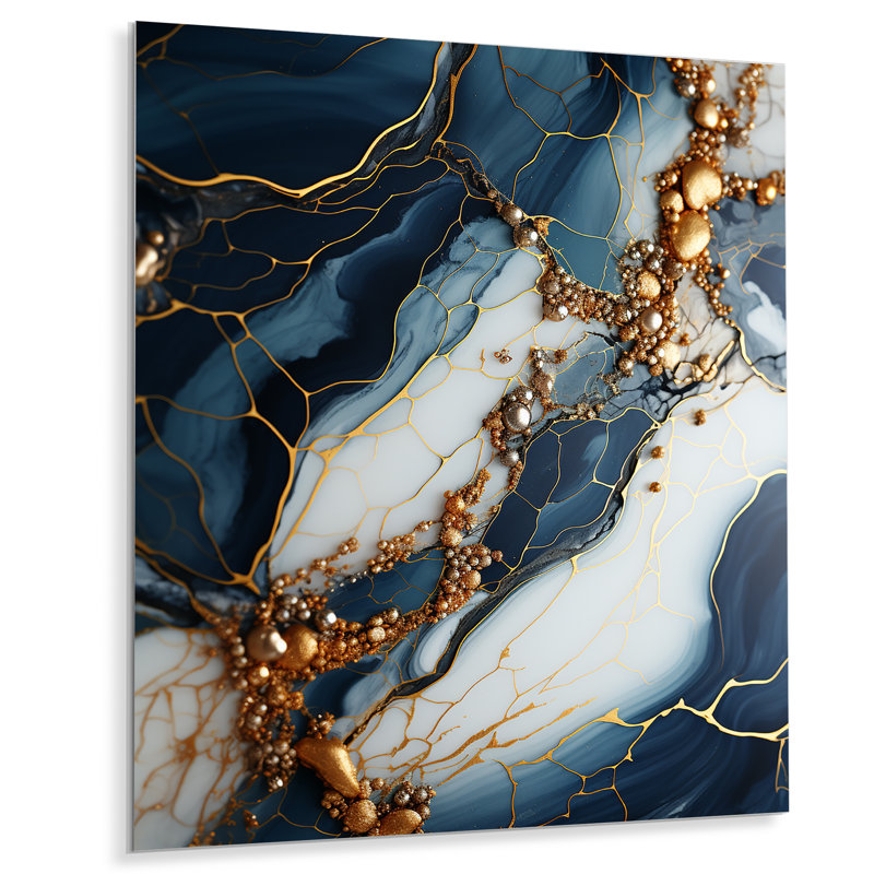 Art mural doré et bleu Geode III - encre liquide abstraite, H 32 po x l 16 po x P 1 po
