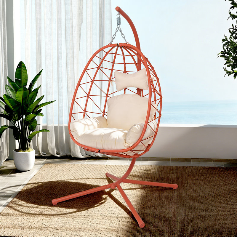Fauteuil suspendu suspendu en osier avec support et coussin lavable pour patio, White, Red