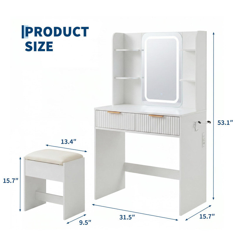 Ensemble de coiffeuse avec miroir à DEL, station de charge et tiroir de rangement, White