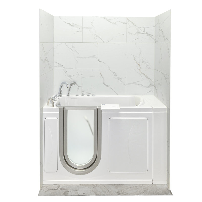Ella Petite 28"x52" Acrylic Air and Hydro Massage Walk-In Bathtub with Left Inward Swing Door, 5 Piece Fast Fill Faucet, 2" Dual Drain, Carrara Wall Surround