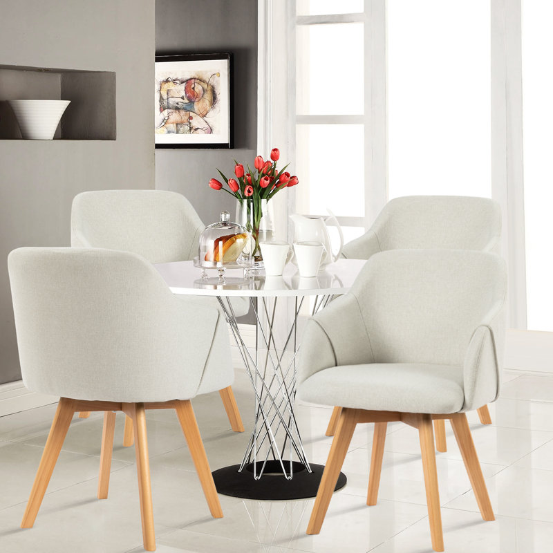 Beige Linen Upholstered Swivel Side Chair with Beech Wood Legs, Set of 2