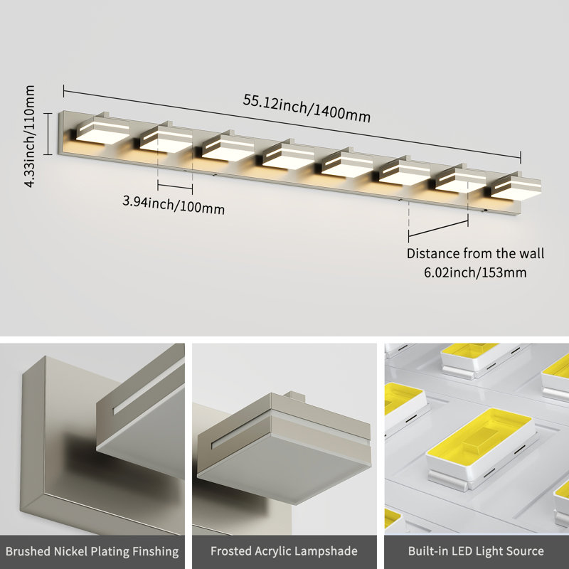 Modern Dimmable Bathroom LED Vanity Light over Mirror 5CCT Adjustable Lighting Fixture, Brushed Nickel, 8 Lights