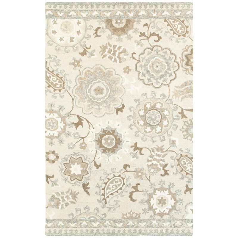 Tapis ivoire / gris en laine touffeté à la main Baddesley, Rectangle 8 pi x 10 pi