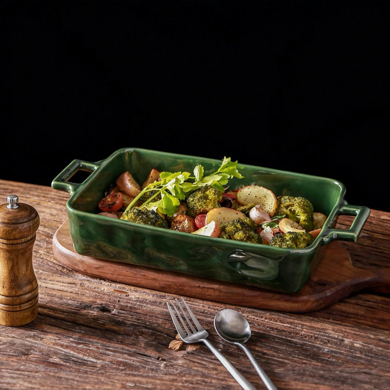 Ensemble de 3 plats de cuisson rectangulaires en porcelaine (vert)