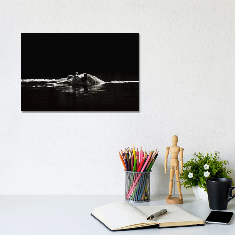 B&W Hippo At Waters Edge by Klaus Tiedge - Print on Canvas, Wrapped Canvas, 20.32 cm H x 30.48 cm W