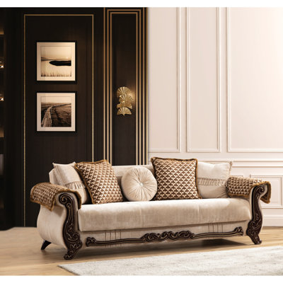 Chenille beige de luxe avec dossier rembourré, structure en bois, lit et rangement contemporain en tissu pratique et pratique