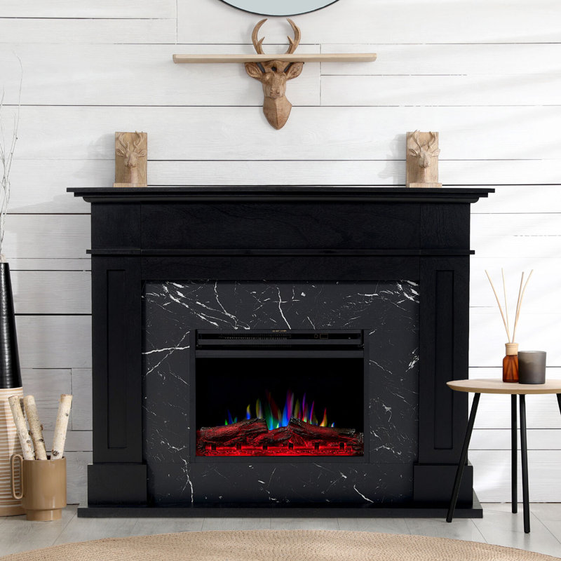 Cambridge Sofia 53-in. Electric Fireplace Mantel with Marble Inlay and Log Display, Black