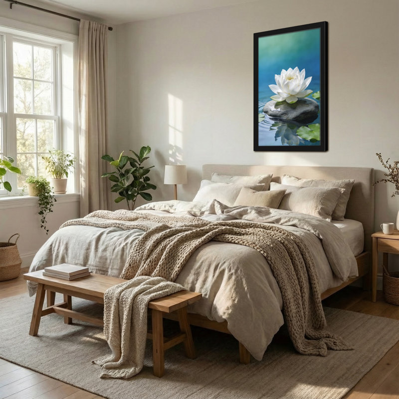 Bain et lessive lotus blanc sur pierre dans l'eau, H 36 po x l 24 po