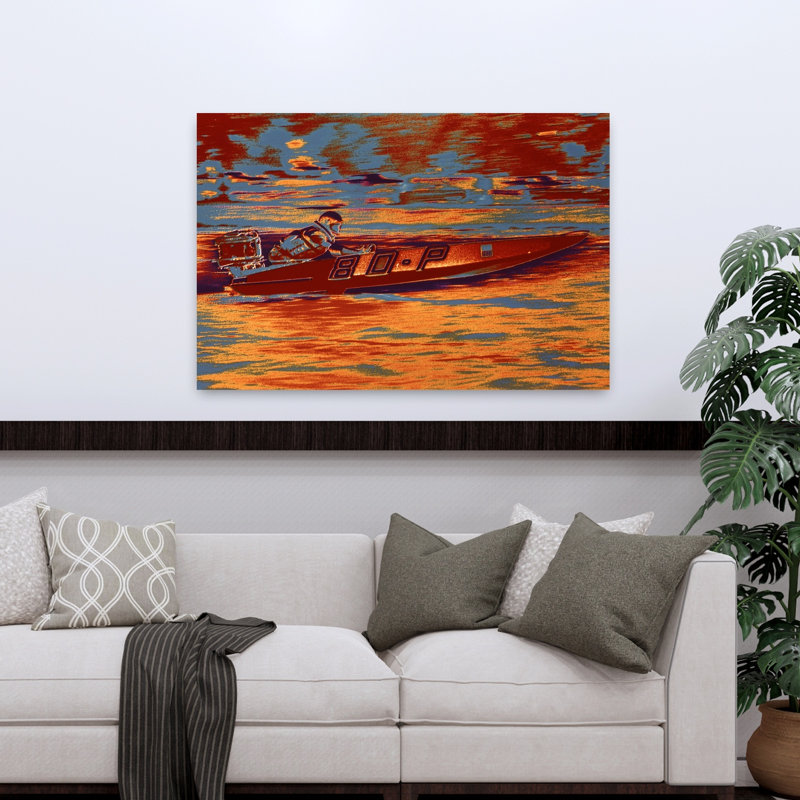 Hydroplaning Single Engine Motor Boat Racing Graphic Posterized Classic Retro Vintage Wall Art, H 48 po x l 32 po