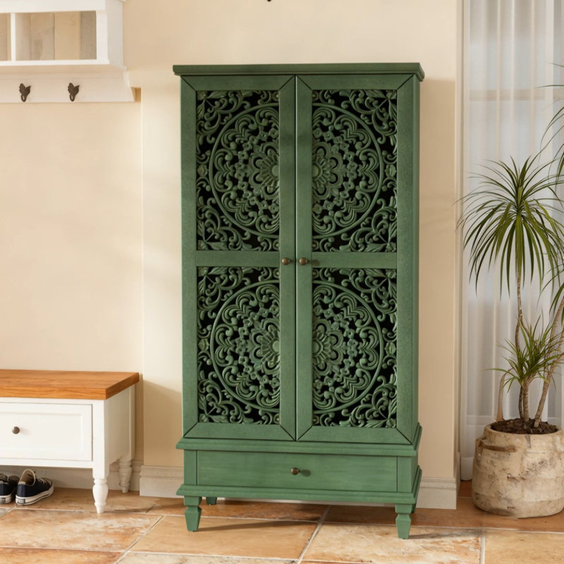 Rustic Tall Storage Cabinet With Drawer And Carved Wood Doors, Featuring Solid Wood Legs For Stylish Organization.