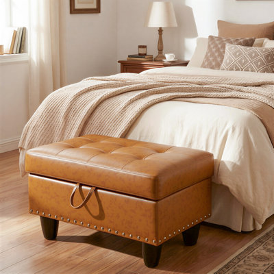 Rectangular Storage Ottoman Bench With Hinged Lid, Faux Leather Footrest For Living Room, Bedroom, Entryway, 28.5"X19"X17.5"