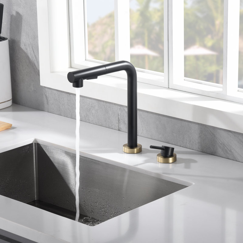 Robinet d'évier de cuisine, robinets de cuisine escamotables avec bec pivotant, S6127PR-XX-WF, Noir / or