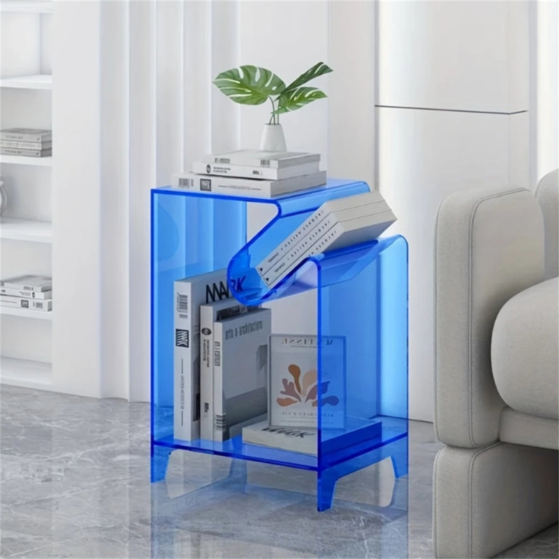 Table de bout Modern Alien, table d'appoint double couche en acrylique transparent avec design ouvert pour salon, canapé, chambre à coucher, table de chevet ou table d'appoint en verre