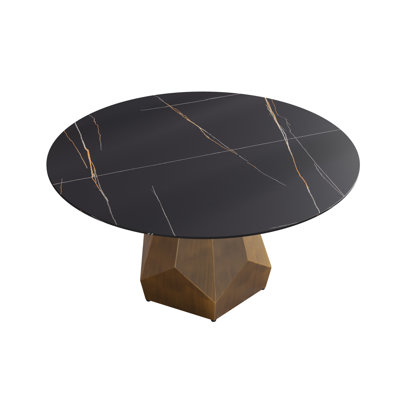 Table de salle à manger ronde 59 "avec dessus en marbre noir et base en laiton antique
