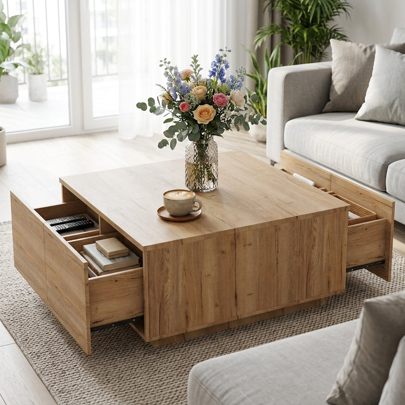 Table basse carrée 33,25 "avec 4 tiroirs, maison de campagne moderne, salon