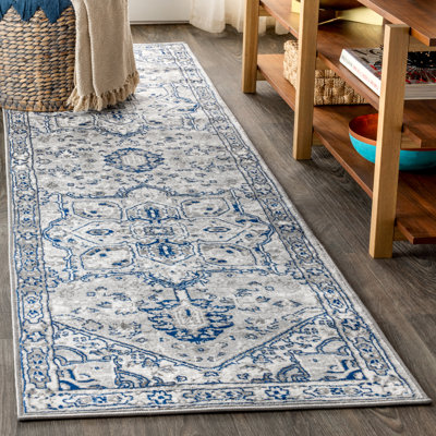 Tapis moderne persan rétro à motif de médaillons gris clair / bleu marine Lawton