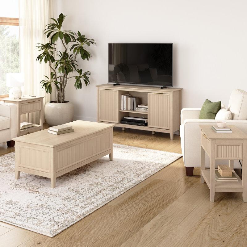 Meuble télé cannelé, table basse à plateau relevable et 2 tables de bout, mobilier de salon, Tanné