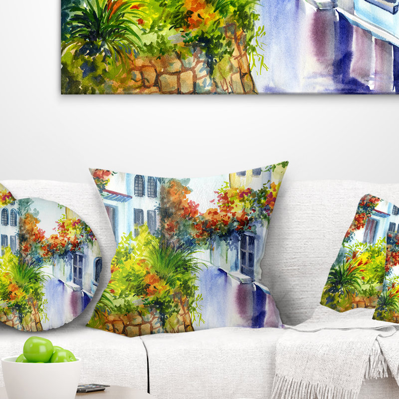 Fleurs près de la maison - Coussin à imprimé paysage, Carré, 16 po x 16 po