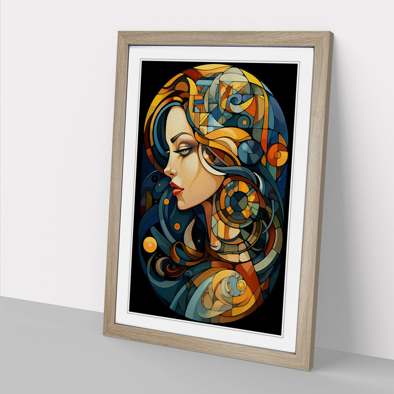 Cancer Zodiac Cubism - Single Picture Frame Print on Wood, 34cm H x 25cm W x 2cm D, Oak Framed
