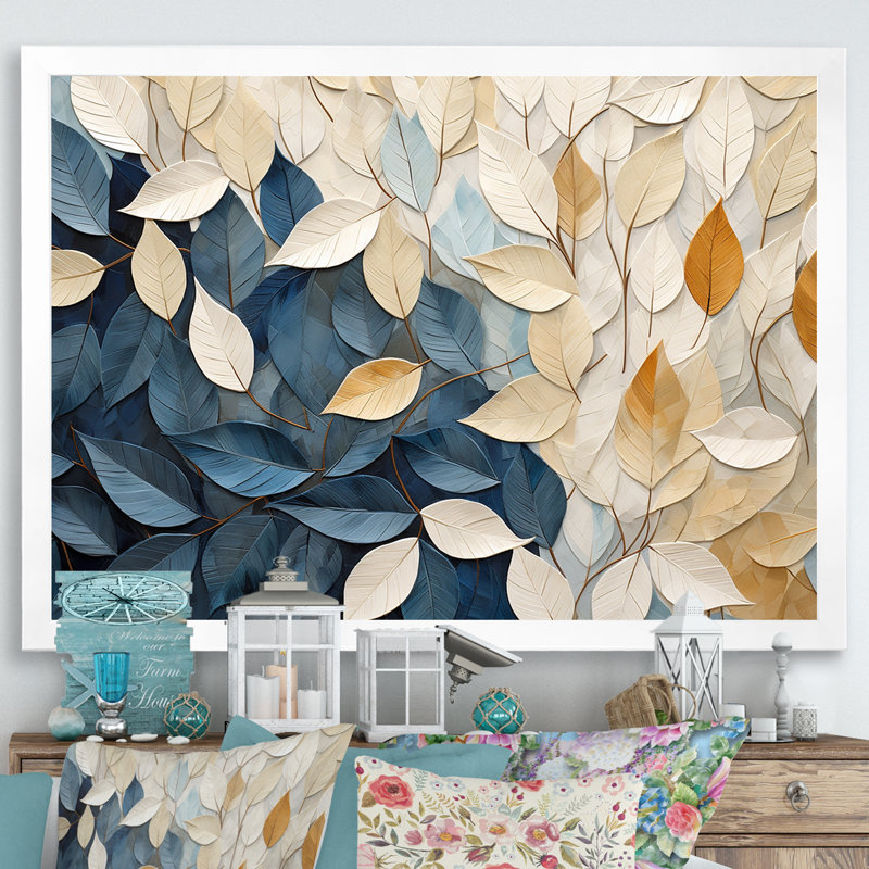 Collage de feuilles minimaliste beige et bleu - feuilles, décoration murale, H 30 po x l 40 po x P 1,5 po, Cadre simple blanc