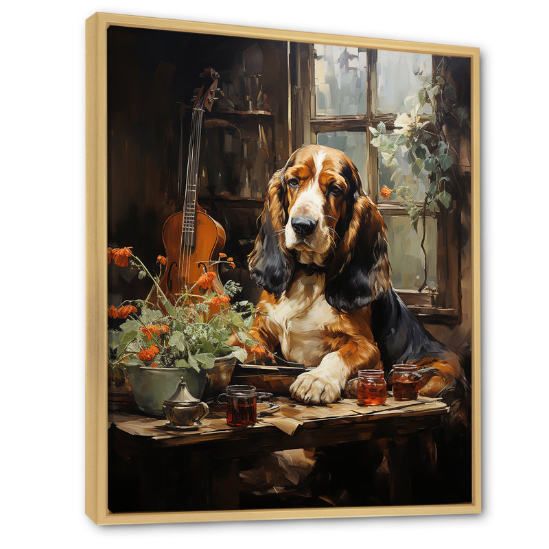 Basset hound Melody I sur toile, Cadre doré simple, H 44 po x l 34 po x P 1,5 po