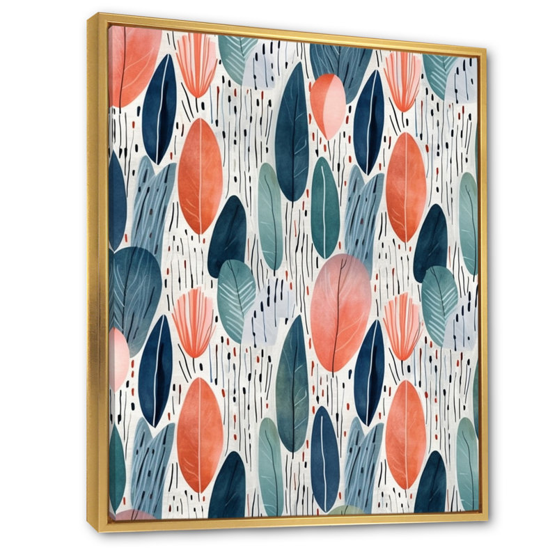 Corail bleu sarcelle scandinave fleurs II - art mural abstrait pour le salon, H 20 po x l 12 po x P 1 po, Cadre flottant doré