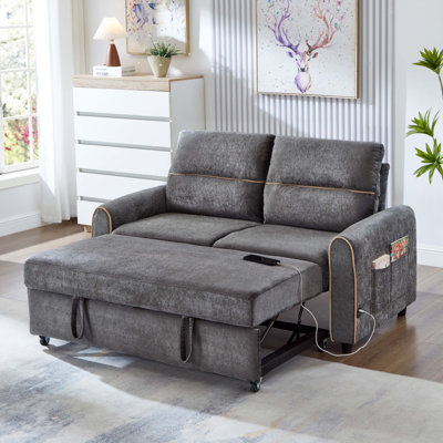 Convertible Pull Out Sofa Bed With Adjustable 3-Position Backrest, 4 Side Pockets, Charging Ports And Elegant Gold Stitching