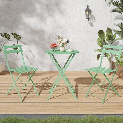 Ensemble bistro 3 pièces en fer forgé - Table de café pliante avec 2 chaises - Design antirouille et imperméable - Parfait pour les petits espaces à l'intérieur et à l'extérieur, porche, pelouse ou balcon, vert