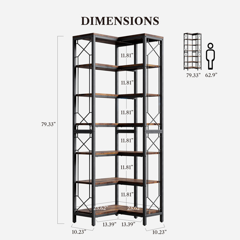 79" Corner Bookshelf, 7-tier Industrial Corner Bookcase, Tall Corner Shelf Storage Display Rack