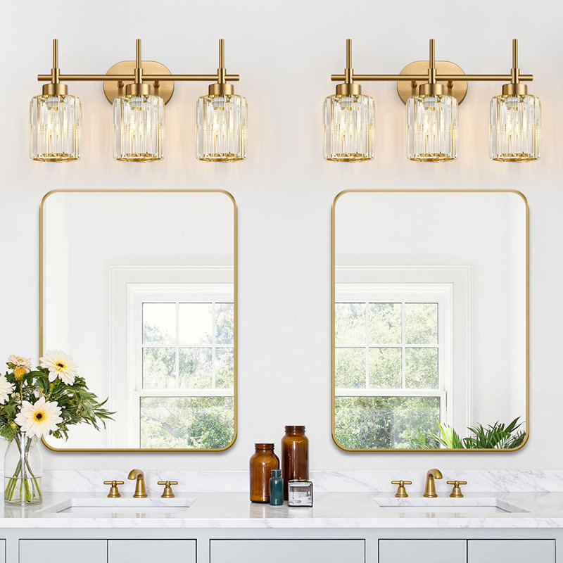 3-Light Modern Crystal Bathroom Vanity Light, Clear Glass Shade Over Mirror Wall Lighting Fixture, Brushed Gold