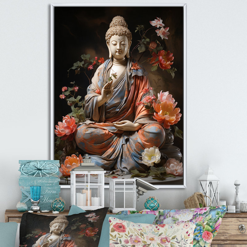 Corail gris bouddhiste Art bouddhas geste - décoration murale bouddhisme, L 12 po x H 20 po x P 1 po, Cadre flottant blanc