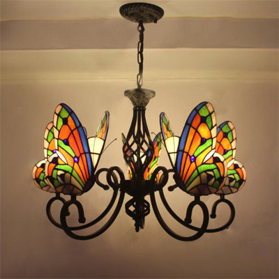 Lustre en vitrail avec forme de papillon 27 po