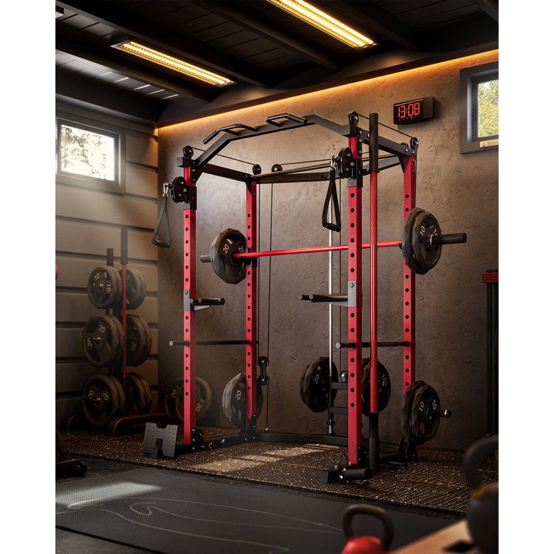 Multi-Functional Power Cage Squat Rack with Cable Crossover Pulley System, 1600 LBS Capacity 2"×2" Steel Frame, 16 Adjustable Heights & Full Attachments Home Gym Full-Body Strength Trainer