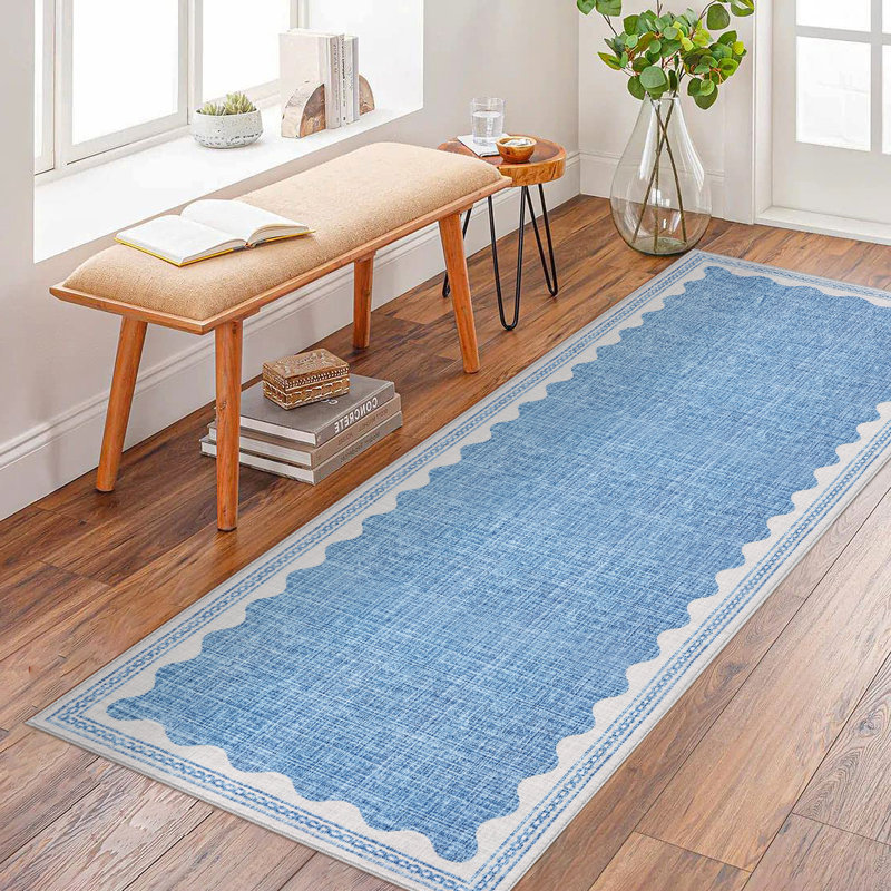 Scalloped Machine Washable Rug Modern Solid Floor Mats with Non-Slip Backing, Stain-Resistant Low Pile Accent Rug, Contemporary Indoor Carpet for Living Room, Bedroom, Office