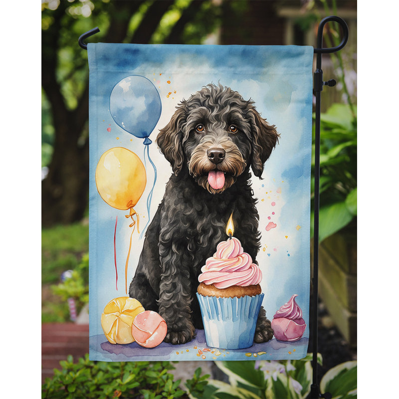 Drapeau de jardin «Happy Birthday», Labradoodle noir