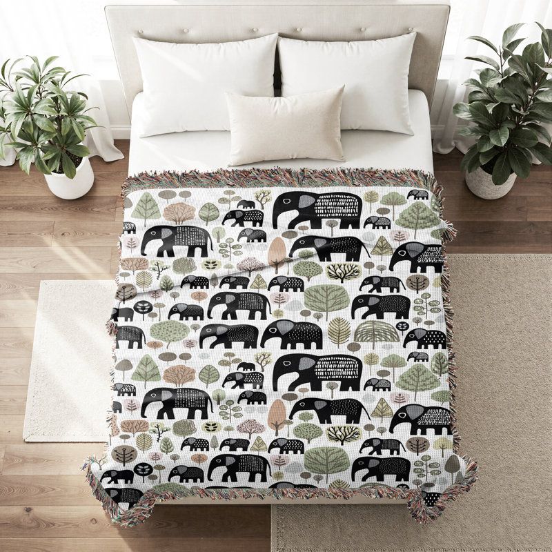 Jeté en mélange de coton Alfie Elephant, L 70 po x l 50 po, Noir / blanc cassé