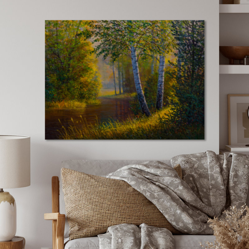 «Morning Sunlight Through The Birches II - Lake House», reproduction d'art murale, H 24 po x l 36 po x P 1 po, Bois de pin