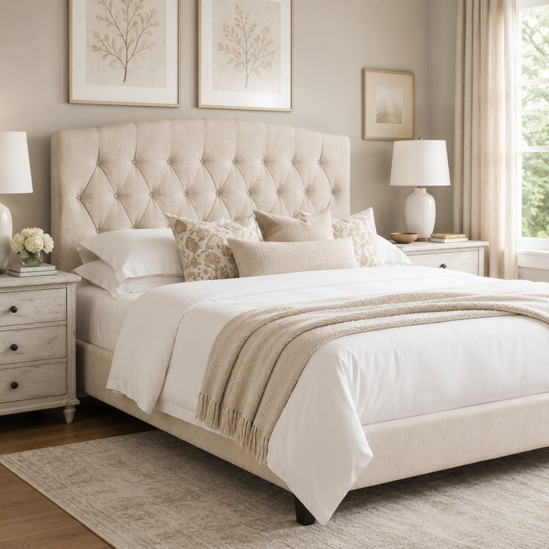 Camelback Diamond Tufted Upholstered Panel Headboard, Queen, Off-White