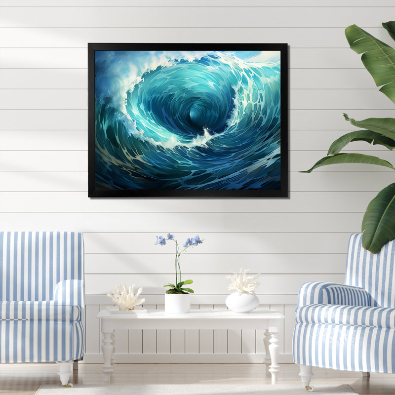 Tempête tropicale, vagues de surf - art mural bord de mer tropical, Cadre d'angle fermé noir, H 34 po x l 44 po x P 1,5 po